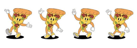 Retro groovy pizza characters set. vector