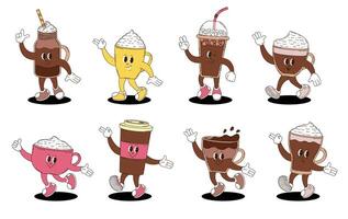 Retro groovy coffee characters set. vector