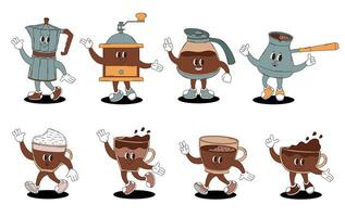Retro groovy coffee characters set. vector