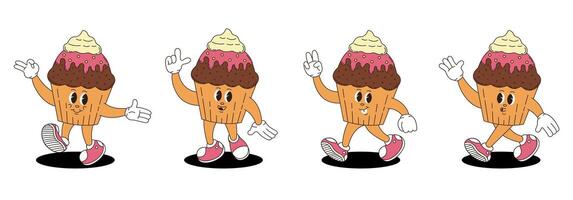Retro groovy cupcake characters set. vector
