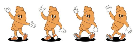 Retro groovy croissant characters set. vector
