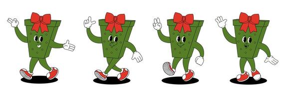 Groovy retro Christmas gift box. Christmas characters in trendy groovy hippie style. vector