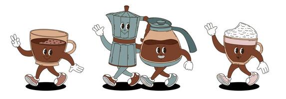 Retro groovy coffee characters set. Coffee maker, jug, cups. vector