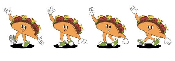Retro groovy taco characters set. vector