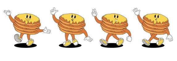 Retro groovy pancakes characters set. vector