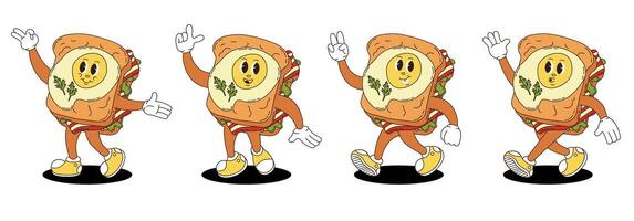 Retro groovy sandwich with fried egg and bacon characters set. vector