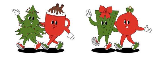 Groovy retro Merry Christmas and Happy New year. Christmas characters in trendy groovy hippie style. Christmas tree, mug of hot chocolate, gift and Christmas tee toy. vector