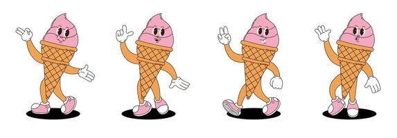 Retro groovy ice cream characters set. vector