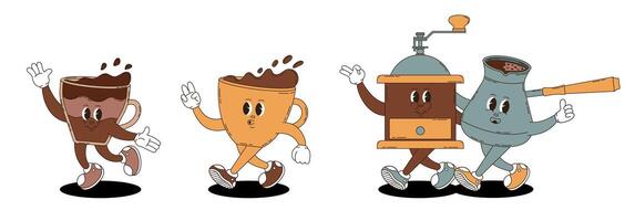 Retro groovy coffee characters set. Cezve, coffee grinder, cups. vector