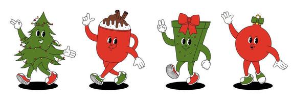 Groovy retro Merry Christmas and Happy New year. Christmas characters in trendy groovy hippie style. Christmas tree, mug of hot chocolate, gift and Christmas tee toy. vector