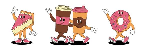 Retro groovy desserts and coffee characters set. Coffee, donut, cheesecake. vector