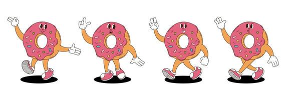 Retro groovy donut characters set. vector