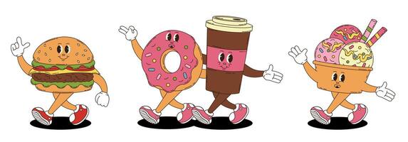 Retro groovy fast food, desserts and coffee characters set. Coffee, donut, hamburger, ice cream. vector