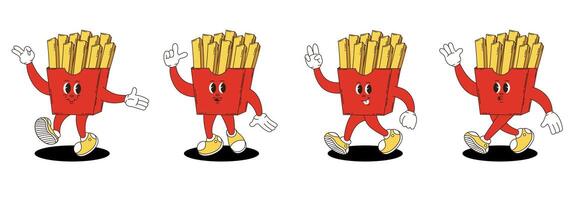 Retro groovy french fries characters set. vector