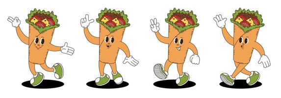 Retro groovy burrito characters set. vector
