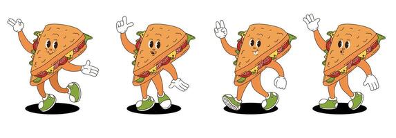 Retro groovy sandwich characters set. vector
