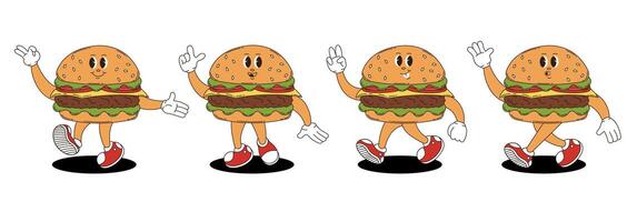 Retro groovy hamburger characters set. vector