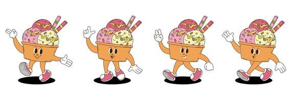 Retro groovy ice cream characters set. vector