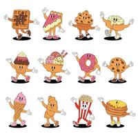 Retro groovy desserts and bakery characters set. Donut, cupcake, waffle, cheesecake, bun, ice cream, cookie, croissant, popcorn, pancakes. vector