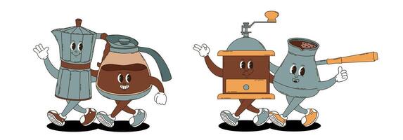 Retro groovy coffee characters set. Coffee maker, cezve, coffee grinder, jug. vector