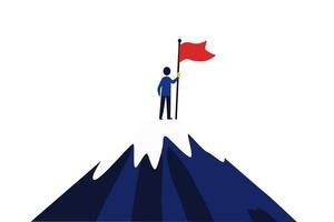 a man stands on top of a mountain holding a red flag vector