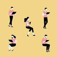 people sitting and standing with tablets on a yellow background vector
