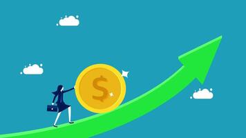 businesswoman on the way to the top of the graph with a coin vector