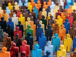 A close-up of a large group of colorful wooden figurines standing together photo