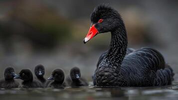 A black swan swims with its cygnets in a pond photo