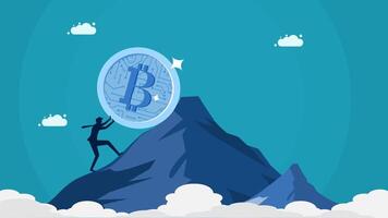 a man is climbing up a mountain with a bitcoin on top vector