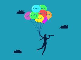 a man is holding a telescope and flying with balloons vector
