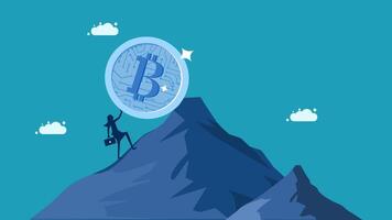 a man is standing on top of a mountain with a bitcoin on top vector