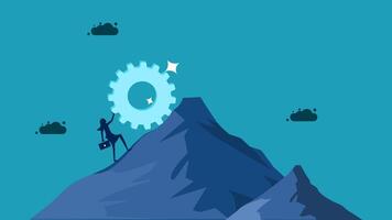 a man is climbing up a mountain with a cog wheel on top vector