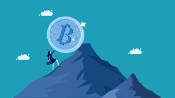 a man is standing on top of a mountain with a bitcoin vector