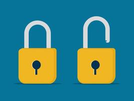 two yellow padlocks with one open and one closed vector