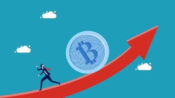 man is walking up a red arrow with a bitcoin on it vector