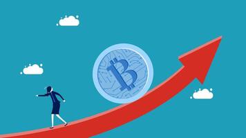 a woman is walking up a red arrow with a bitcoin on it vector