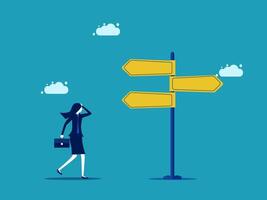 businesswoman walking in front of a signpost with arrows pointing in different directions vector