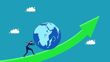 businessman walking on a green arrow with a globe on it vector