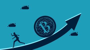 a man running up a hill with a bitcoin on it vector
