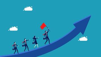 business people climbing up a graph with a red flag vector