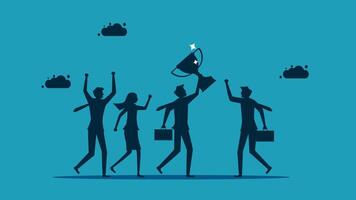 business people holding up a trophy and standing in front of clouds vector