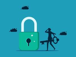 a man is walking towards a padlock with a key vector
