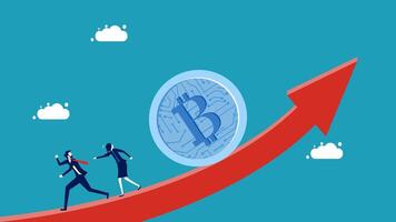 business people running up a red arrow with a bitcoin on top vector