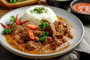 Close-up of Beef Curry with White Rice and Red Chili Peppers photo