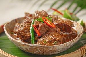 Stewed Beef with Chili Peppers and Green Onions in a Bowl photo