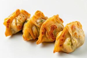 Four Crispy Fried Dumplings on a White Plate photo