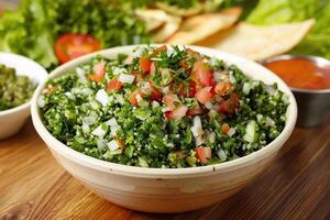A bowl of fresh tabbouleh salad with tomatoes, onions, and parsley photo