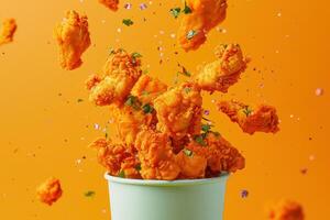 Crispy Fried Chicken Pieces Falling into a Paper Cup photo