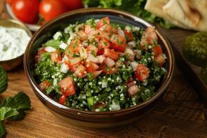 Bowl of Tabbouleh Salad with Tomatoes, Parsley, and Bulgur Wheat photo